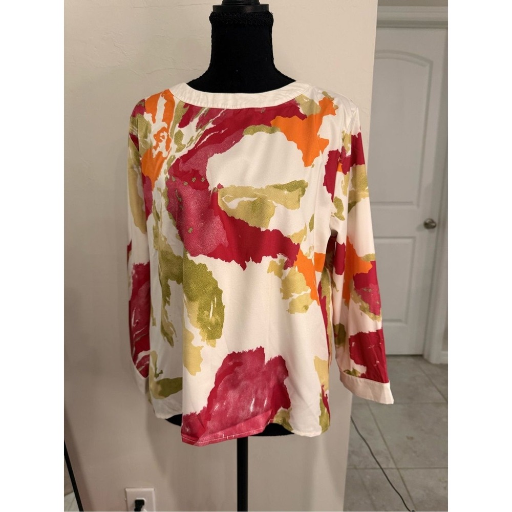 Abstract Brushstroke Long Sleeve Tee in White with Red, Orange & Olive Accents